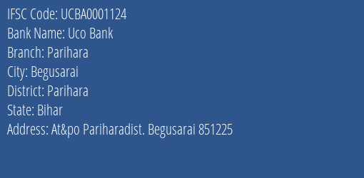 Uco Bank Parihara Branch Parihara IFSC Code UCBA0001124