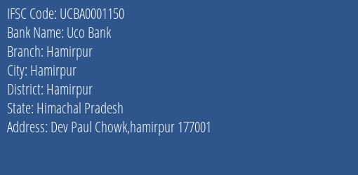 Uco Bank Hamirpur Branch, Branch Code 001150 & IFSC Code UCBA0001150