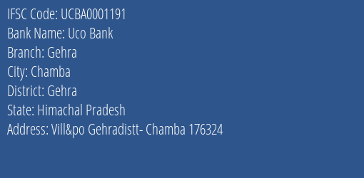 Uco Bank Gehra Branch Gehra IFSC Code UCBA0001191