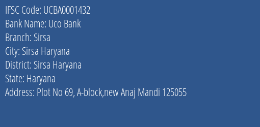 Uco Bank Sirsa Branch Sirsa Haryana IFSC Code UCBA0001432