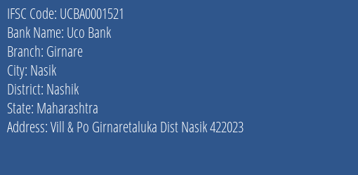 Uco Bank Girnare Branch Nashik IFSC Code UCBA0001521