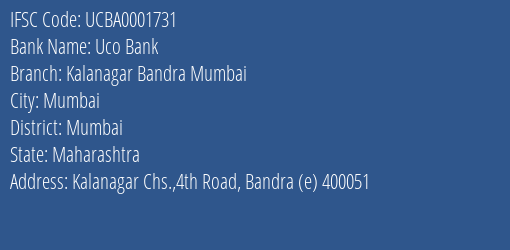 Uco Bank Kalanagar Bandra Mumbai Branch Mumbai IFSC Code UCBA0001731