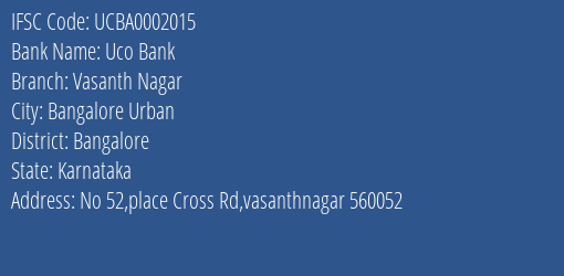 Uco Bank Vasanth Nagar Branch Bangalore IFSC Code UCBA0002015