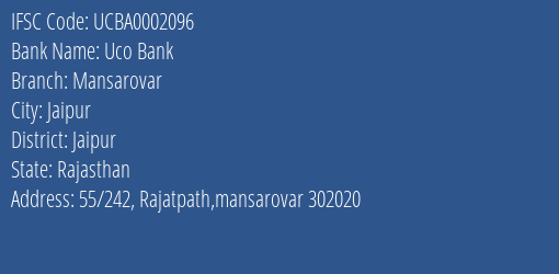 Uco Bank Mansarovar Branch Jaipur IFSC Code UCBA0002096