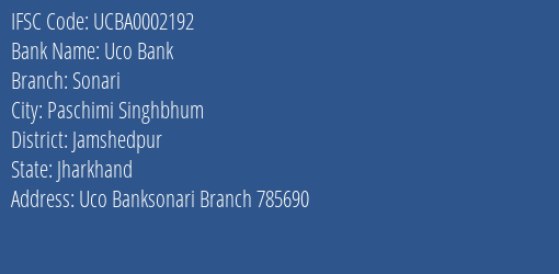 Uco Bank Sonari Branch Jamshedpur IFSC Code UCBA0002192