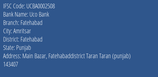 Uco Bank Fatehabad Branch Fatehabad IFSC Code UCBA0002508