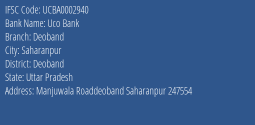 Uco Bank Deoband Branch Deoband IFSC Code UCBA0002940