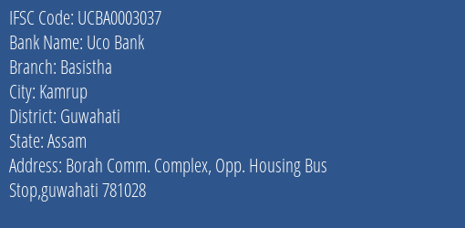 Uco Bank Basistha Branch Guwahati IFSC Code UCBA0003037
