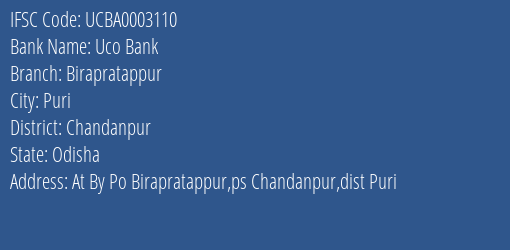 Uco Bank Birapratappur Branch Chandanpur IFSC Code UCBA0003110