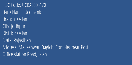 Uco Bank Osian Branch Osian IFSC Code UCBA0003170