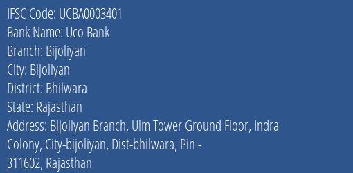 Uco Bank Bijoliyan Branch Bhilwara IFSC Code UCBA0003401