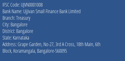 Ujjivan Small Finance Bank Treasury Branch Bangalore IFSC Code UJVN0001008