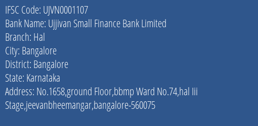Ujjivan Small Finance Bank Hal Branch Bangalore IFSC Code UJVN0001107