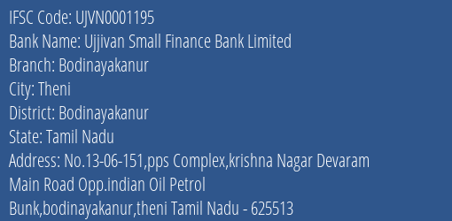 Ujjivan Small Finance Bank Bodinayakanur Branch Bodinayakanur IFSC Code UJVN0001195