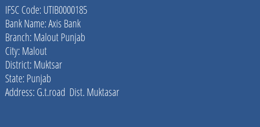 Axis Bank Malout Punjab Branch Muktsar IFSC Code UTIB0000185