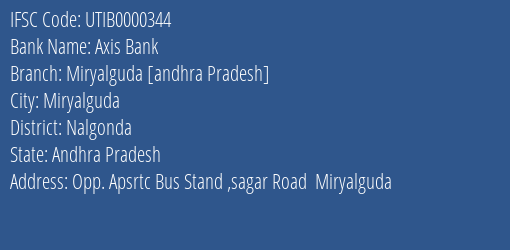 Axis Bank Miryalguda [andhra Pradesh] Branch, Branch Code 000344 & IFSC Code UTIB0000344