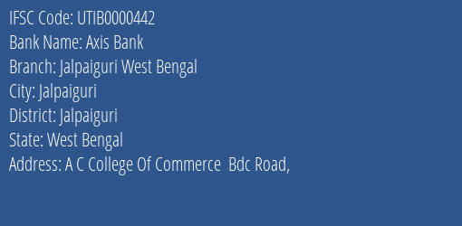 Axis Bank Jalpaiguri West Bengal Branch, Branch Code 000442 & IFSC Code UTIB0000442