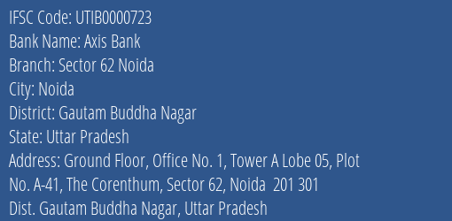 Axis Bank Sector 62 Noida Branch, Branch Code 000723 & IFSC Code UTIB0000723