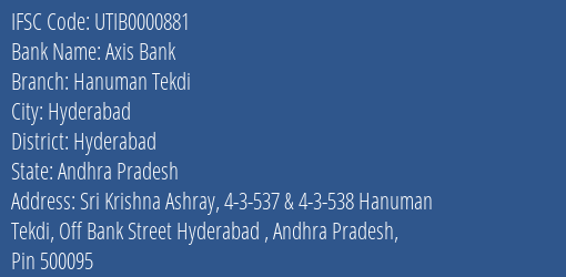 Axis Bank Hanuman Tekdi Branch, Branch Code 000881 & IFSC Code Utib0000881