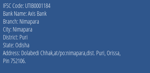 Axis Bank Nimapara Branch, Branch Code 001184 & IFSC Code Utib0001184
