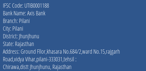 Axis Bank Pilani Branch Jhunjhunu IFSC Code UTIB0001188