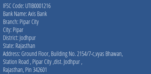 Axis Bank Pipar City Branch Jodhpur IFSC Code UTIB0001216