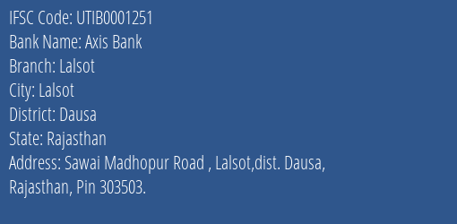Axis Bank Lalsot Branch Dausa IFSC Code UTIB0001251