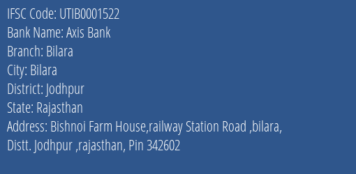 Axis Bank Bilara Branch Jodhpur IFSC Code UTIB0001522