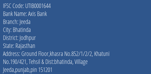 Axis Bank Jeeda Branch Jodhpur IFSC Code UTIB0001644