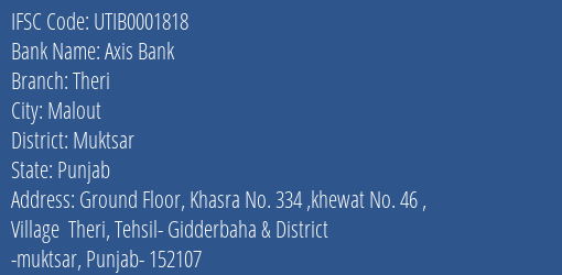 Axis Bank Theri Branch Muktsar IFSC Code UTIB0001818