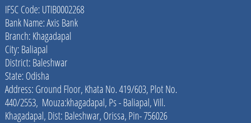 Axis Bank Khagadapal Branch, Branch Code 002268 & IFSC Code Utib0002268