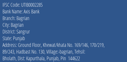 Axis Bank Bagrian Branch Sangrur IFSC Code UTIB0002285