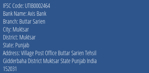 Axis Bank Buttar Sarien Branch Muktsar IFSC Code UTIB0002464