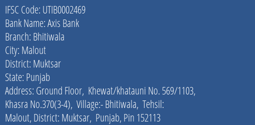 Axis Bank Bhitiwala Branch Muktsar IFSC Code UTIB0002469