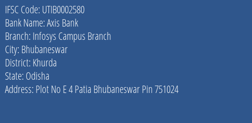 Axis Bank Infosys Campus Branch Branch, Branch Code 002580 & IFSC Code Utib0002580