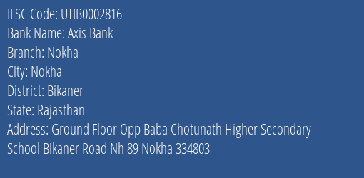 Axis Bank Nokha Branch Bikaner IFSC Code UTIB0002816