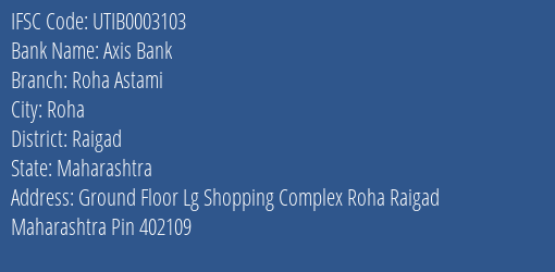 Axis Bank Roha Astami Branch, Branch Code 003103 & IFSC Code Utib0003103