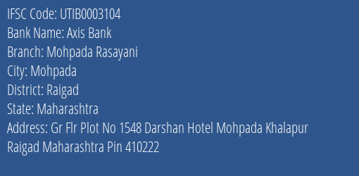 Axis Bank Mohpada Rasayani Branch, Branch Code 003104 & IFSC Code Utib0003104