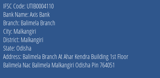Axis Bank Balimela Branch Branch, Branch Code 004110 & IFSC Code Utib0004110