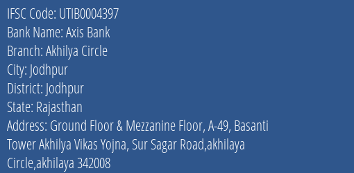 Axis Bank Akhilya Circle Branch Jodhpur IFSC Code UTIB0004397