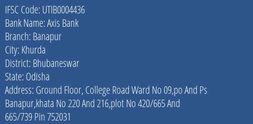 Axis Bank Banapur Branch, Branch Code 004436 & IFSC Code UTIB0004436