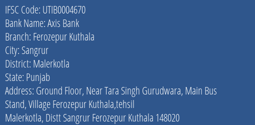 Axis Bank Ferozepur Kuthala Branch Malerkotla IFSC Code UTIB0004670