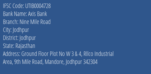 Axis Bank Nine Mile Road Branch Jodhpur IFSC Code UTIB0004728