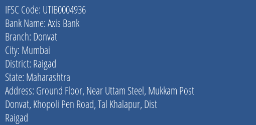 Axis Bank Donvat Branch Raigad IFSC Code UTIB0004936