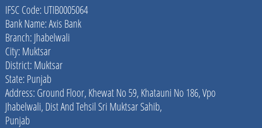 Axis Bank Jhabelwali Branch Muktsar IFSC Code UTIB0005064