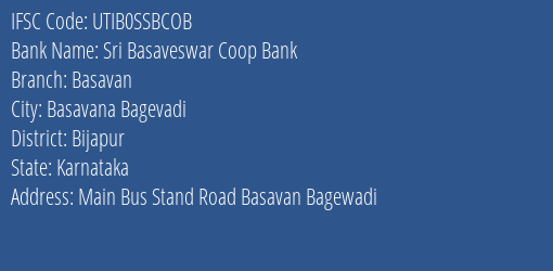 Sri Basaveswar Coop Bank Basavan Branch, Branch Code SSBCOB & IFSC Code UTIB0SSBCOB