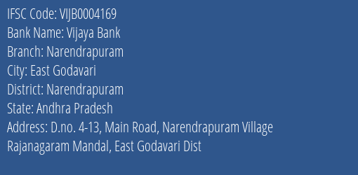 Vijaya Bank Narendrapuram Branch, Branch Code 004169 & IFSC Code Vijb0004169