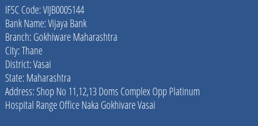 Vijaya Bank Gokhiware Maharashtra Branch, Branch Code 005144 & IFSC Code VIJB0005144