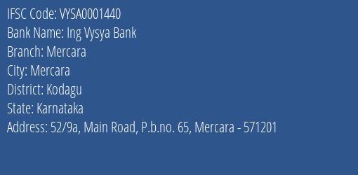 Ing Vysya Bank Mercara Branch, Branch Code 001440 & IFSC Code VYSA0001440