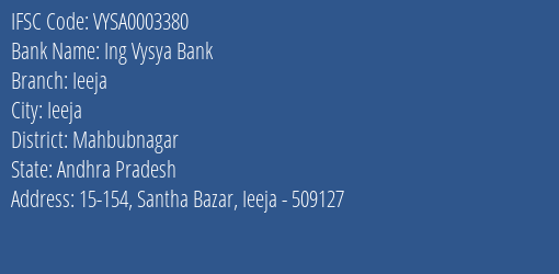 Ing Vysya Bank Ieeja Branch, Branch Code 003380 & IFSC Code VYSA0003380